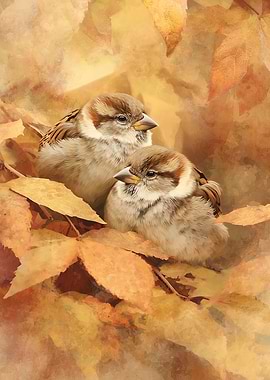 Two Sparrows in Autumn Leaves