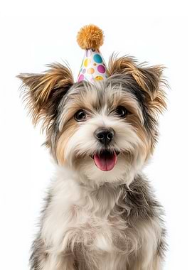Party Biewer Terrier Dog with Birthday Hat