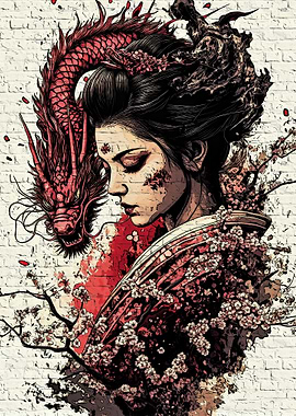 Geisha with Dragon and Cherry Blossoms