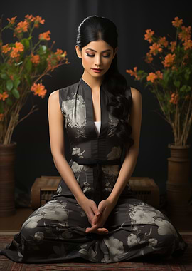 Woman Meditating with Floral Background