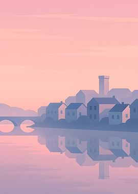 Minimalist Townscape at Sunset Reflection