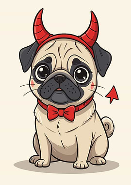 Cartoon Pug Devil with Red Horns