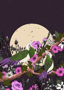 Birds and Flowers Under Moonlight