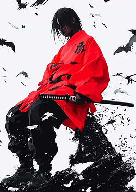 Samurai in Red Kimono with Katana