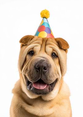 Shar Pei Dog with Party Hat