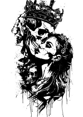 Skull King and Woman Black Illustration