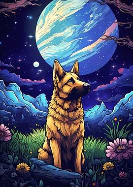 German Shepherd cosmic sky