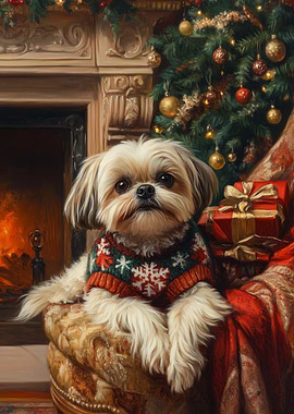 Dog in Christmas Sweater | Shih tzu dog christmas art