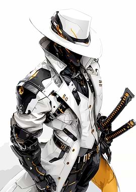 Cyberpunk Robot Samurai with White Hat