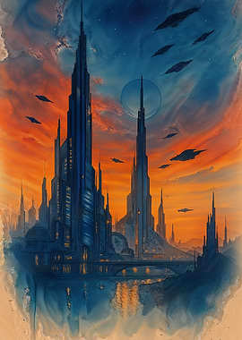 Futuristic Cityscape with Flying Vehicles