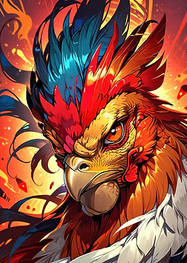 Stylized Rooster Portrait Fiery