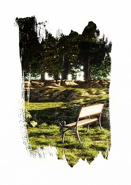 Park bench in a green landscape