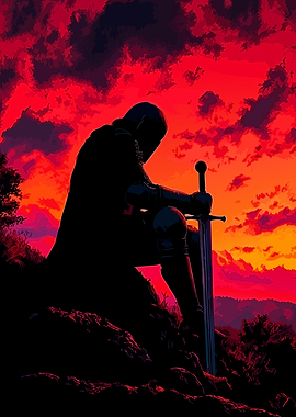 Silhouette of Knight with Sword at Sunset