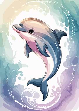 Cartoon Dolphin Watercolor Illustration