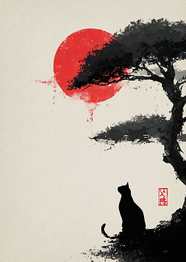 Cat Silhouette Under Red Sun