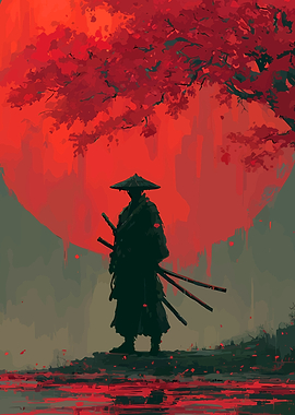 Samurai Silhouette Under Red Moon