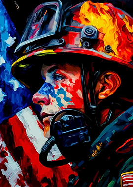 Firefighter with American Flag Art
