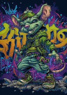 Urban Rat Character with Graffiti Background