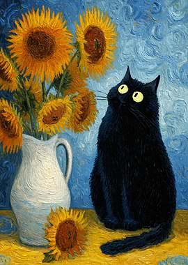 Black Cat and Sunflowers Van Gogh Style