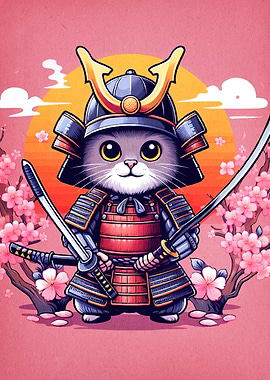 Samurai Cat Cherry Blossoms
