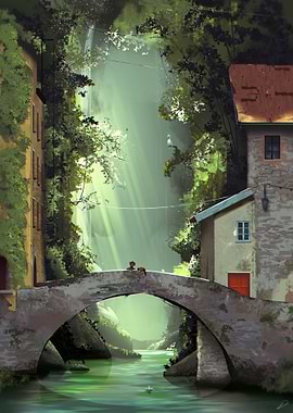 Idyllic Bridge Scene with Lush Greenery