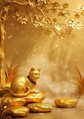 Golden Cat Statue Under Golden Tree