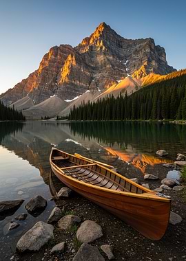 Mountain Lake with Canoe at Sunrise
