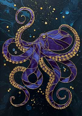 Elegant Purple and Gold Octopus Art
