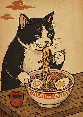 Cat Eating Ramen Noodles Illustration