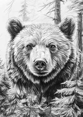 Detailed Bear Portrait in Forest Sketch