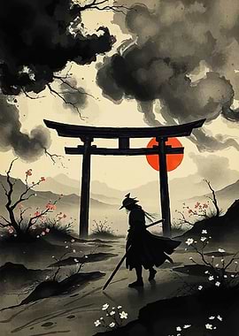 Samurai Silhouette Torii Gate