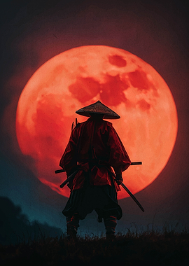 Samurai Warrior with Red Moon