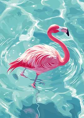 Pink Flamingo in Blue Water