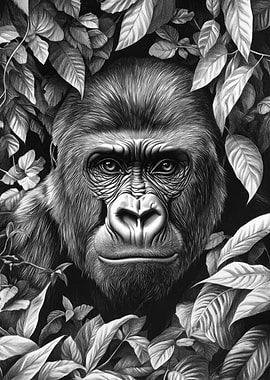 Gorilla Portrait in Jungle Foliage