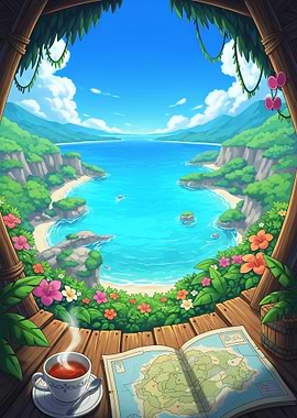 Tropical Island View with Map and Tea