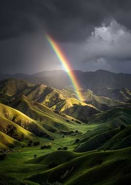 Rainbow over Green Rolling Hills