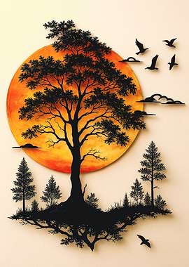 Silhouette Tree with Birds and Sunset