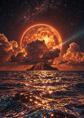 Fiery Moonrise Over Ocean Island