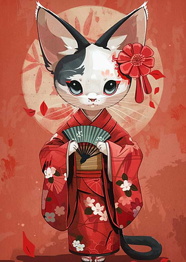 Cat in Kimono with Fan