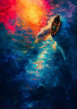 Boat on Abstract Colorful Water Painting