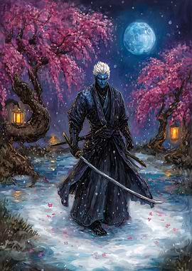 Blue-skinned Samurai Under Cherry Blossoms