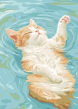 Relaxing Cat in Water Illustration