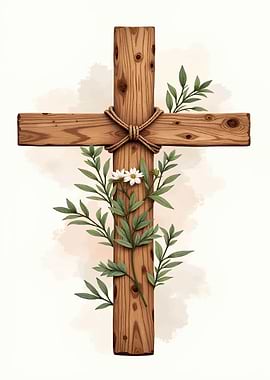 Wooden Cross with Greenery and Flowers