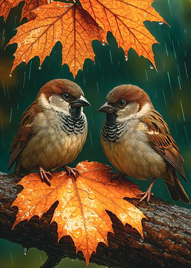 Two Sparrow Birds on a Rainy Autumn Day