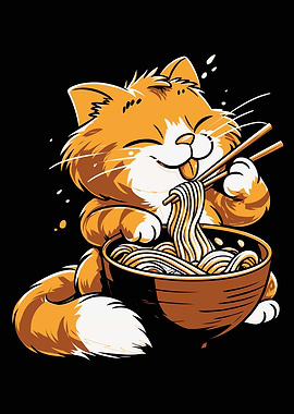 Cartoon Cat Eating Ramen Noodles