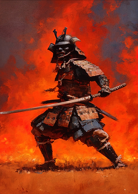Samurai Warrior in Fiery Landscape