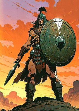 Barbarian Warrior with Shield and Spear