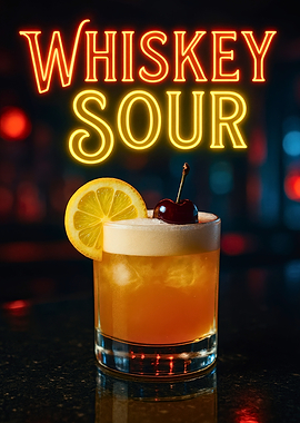 Neon Whiskey Sour Bourbon Citrus Cocktail with Frothy Top