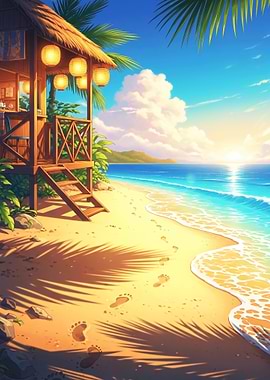 Tropical Beach Hut at Sunset, Chibi Style