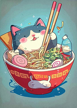 Cat in Ramen Bowl Illustration